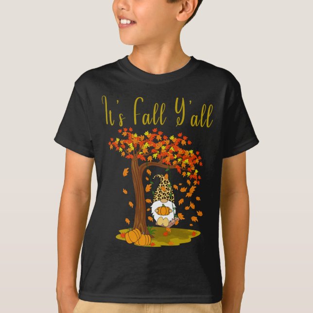 Gnome Leopard Fall Pumpkins Cute It's Fall Y'all T T-Shirt (Front)