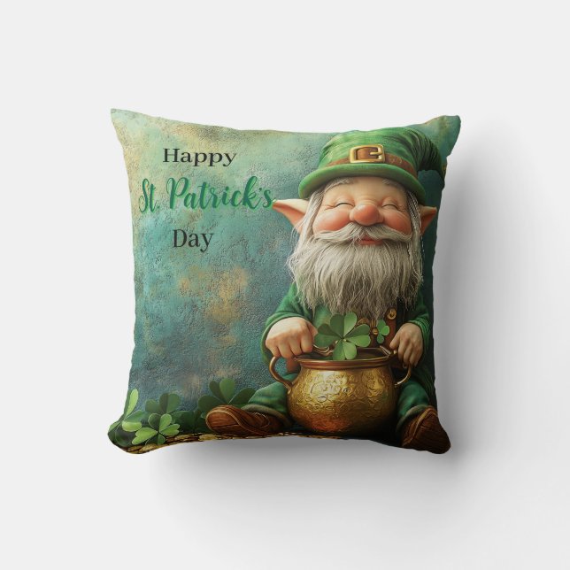 Gnome Leprechaun and Pot of Gold St. Patrick's Day Cushion (Front)