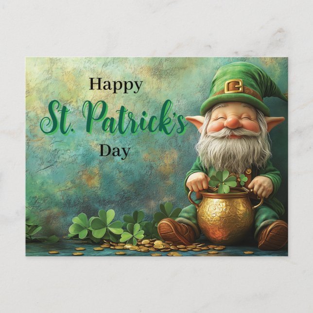 Gnome Leprechaun and Pot of Gold St. Patrick's Day Holiday Postcard (Front)