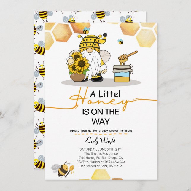 Gnome little honey bee baby shower invitations (Front/Back)