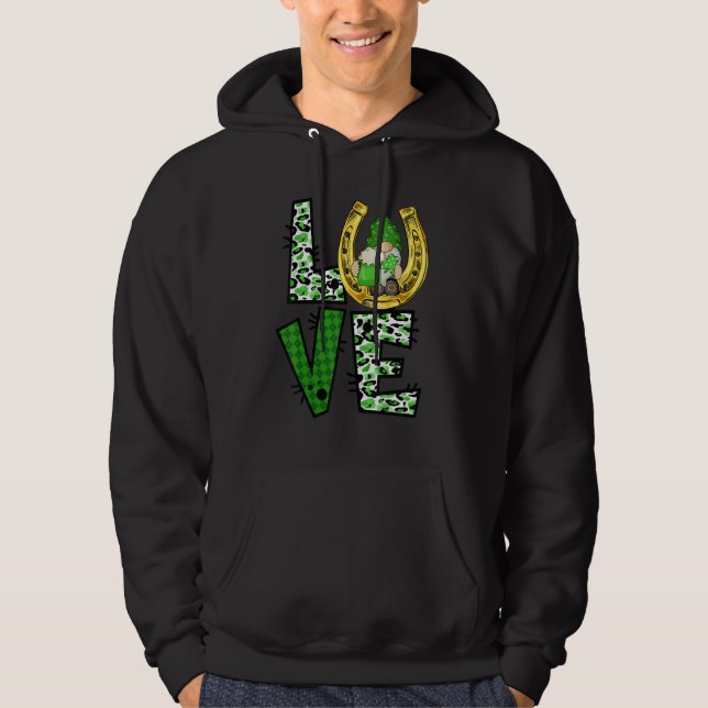 Gnome Love St. Patrick's Day Leopard Buffalo Plaid Hoodie (Front)