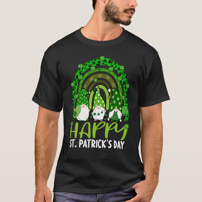 Gnome Lucky Shamrock Rainbow Leopard St Patricks D T-Shirt (Front)