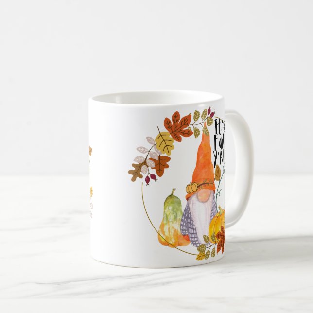 Gnome mug with pumpkins squash and fall leaves  (Front Right)