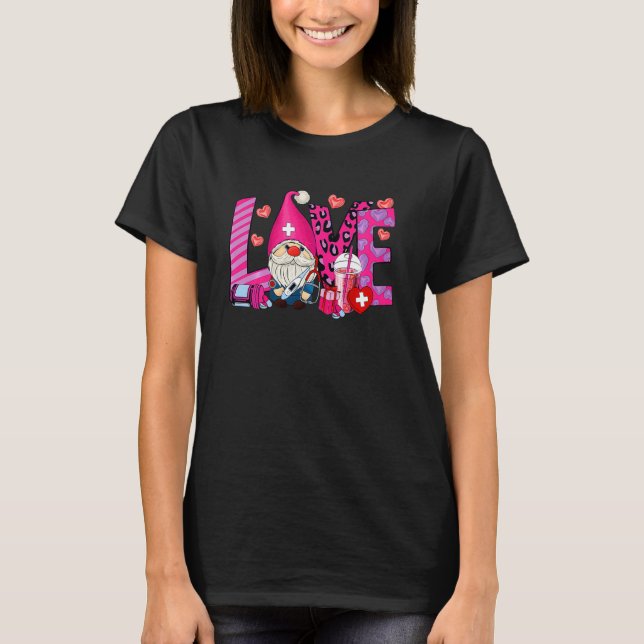 Gnome Nurse Valentines Day Heart Stethoscope Love  T-Shirt (Front)