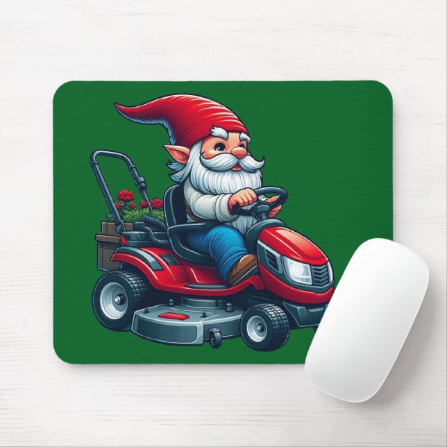 Gnome on Riding Lawn Mower with Flower Basket Mouse Pad (With Mouse)