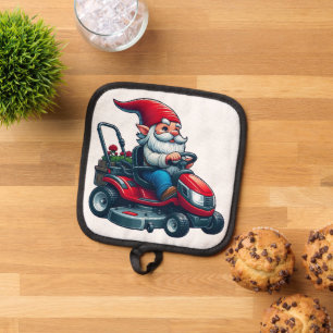 Gnome on Riding Lawn Mower with Flower Basket Pot Holder