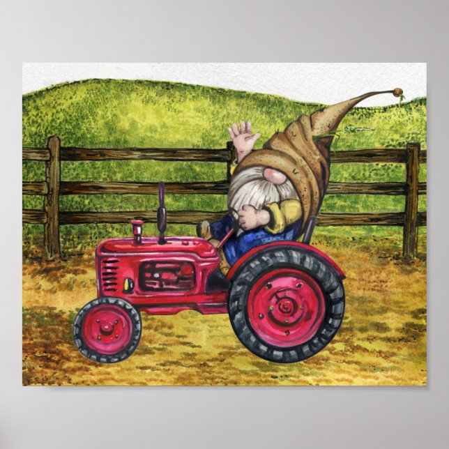 Gnome on Tractor Farm Country Landscape Poster (Front)