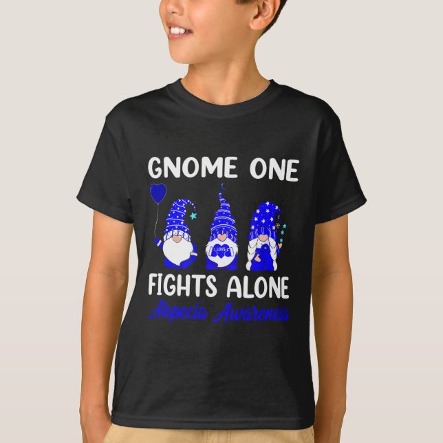 Gnome One Fights Alone Blue Ribbon Alopecia Awaren T-Shirt (Front)