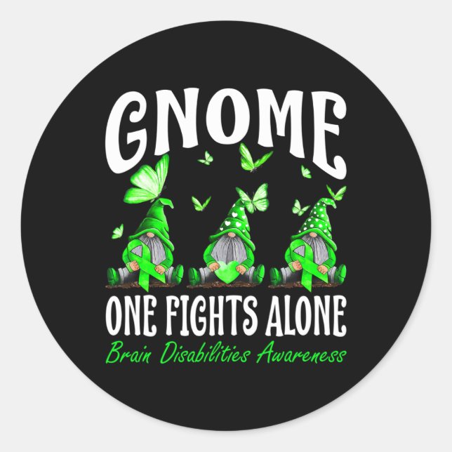 Gnome One Fights Alone Brain Disabilities Awarenes Classic Round Sticker (Front)