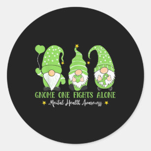 Gnome One Fights Alone Green Ribbon Mental Health Classic Round Sticker