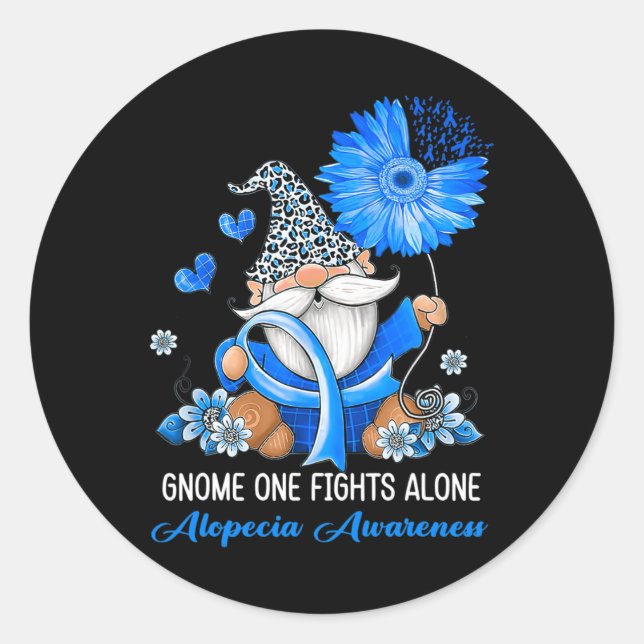 Gnome One Fights Alone Ribbon Alopecia Awareness  Classic Round Sticker (Front)