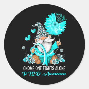 Gnome One Fights Alone Teal Ribbon Warrior Ptsd Aw Classic Round Sticker