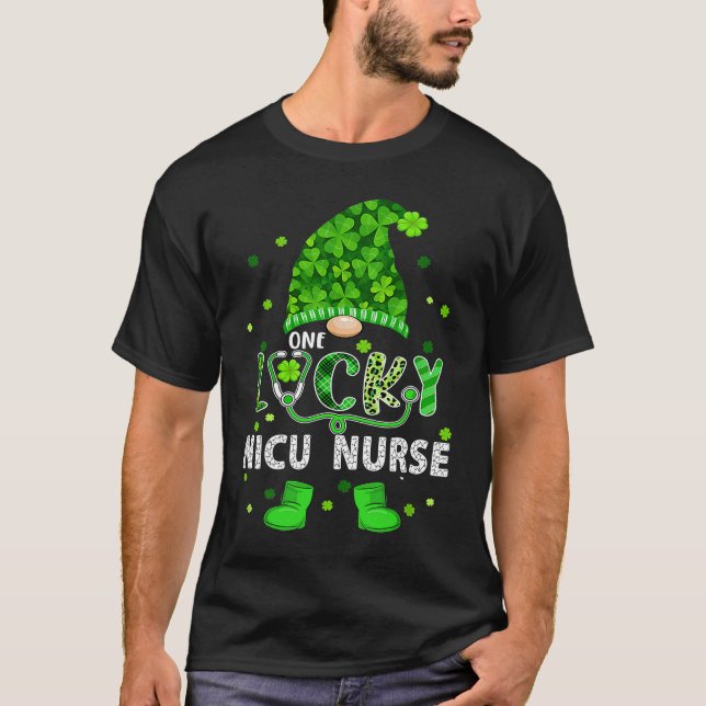 Gnome One Lucky NICU Nurse St Patricks Day Shamroc T-Shirt (Front)