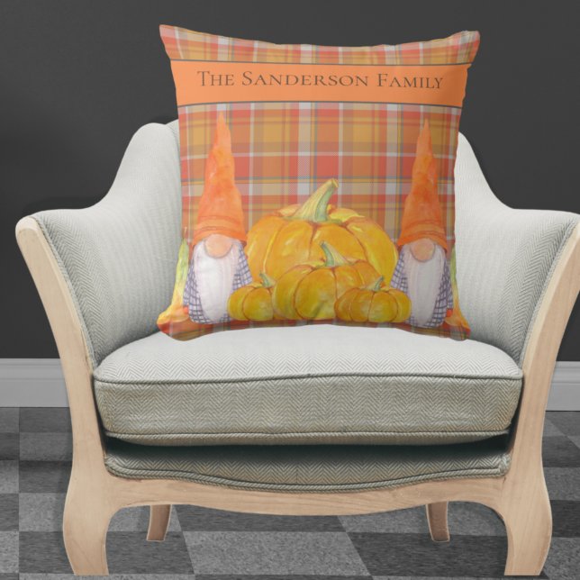  Gnome orange plaid with pumpkins Cushion (Creator Uploaded)
