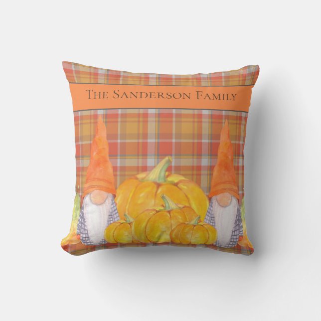  Gnome orange plaid with pumpkins Outdoor Pillow (Front)