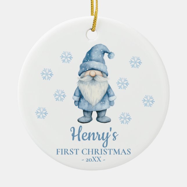 Gnome Personalized Baby's First Christmas Ceramic Ornament (Front)
