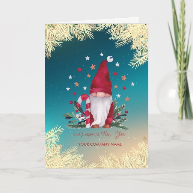 Gnome Pine Tree Branches Gold Stars Holiday Card (Front)