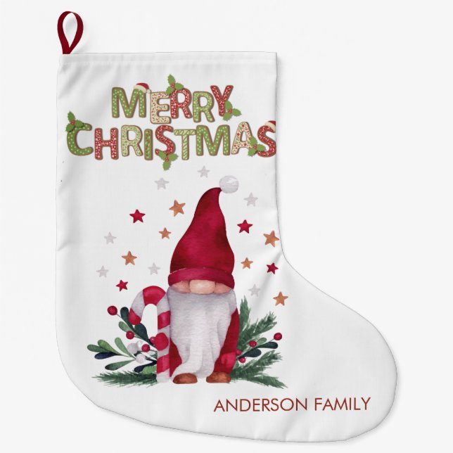Gnome Pine Tree Branches  Stars Merry Christmas Large Christmas Stocking (Front)
