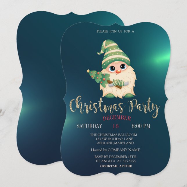 Gnome Pine Tree, Green Christmas Company Party Invitation (Front/Back)