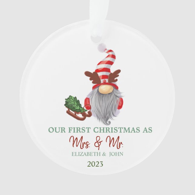 Gnome Pine Tree Sleigh Our First Christmas Ornament (Front)