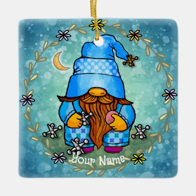 Gnome playing jacks  ceramic ornament (Front)