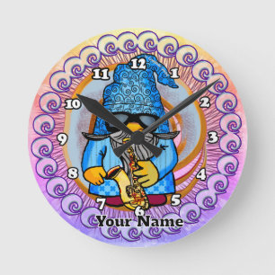 gnome playing saxophone round clock