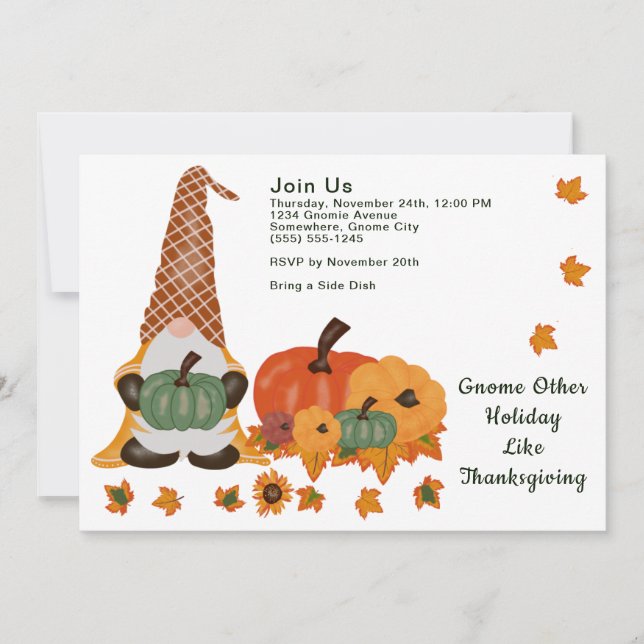 Gnome Pumpkins Leaves Thanksgiving Day Invitation (Front)