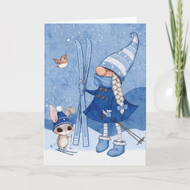 Gnome Rabbit Skiing Christmas Card (Front)