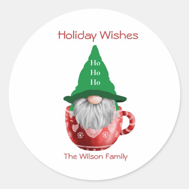 Gnome Red Green Holiday Wishes Personalised  Classic Round Sticker (Front)