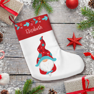 Gnome Red Modern Leaf Border Holiday Name Cute Small Christmas Stocking
