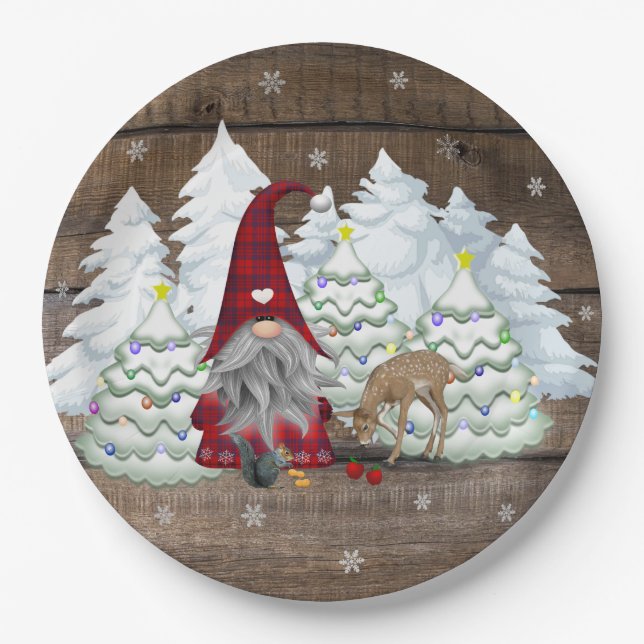 Gnome Red Plaid Squirrel Christmas Tree Deer Paper Plate (Front)