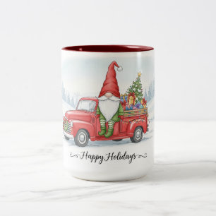 Gnome Red Truck Christmas Mug, Happy Holidays Cup