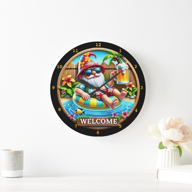 Gnome Relaxing in Pool Wall Large Clock (Home)