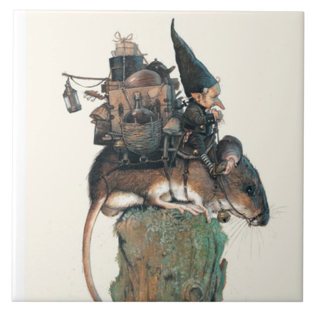 GNOME RIDING A MOUSE CERAMIC TILE (Front)