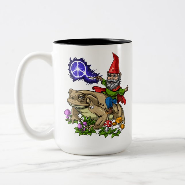 Gnome Riding Frog Two-Tone Coffee Mug (Left)