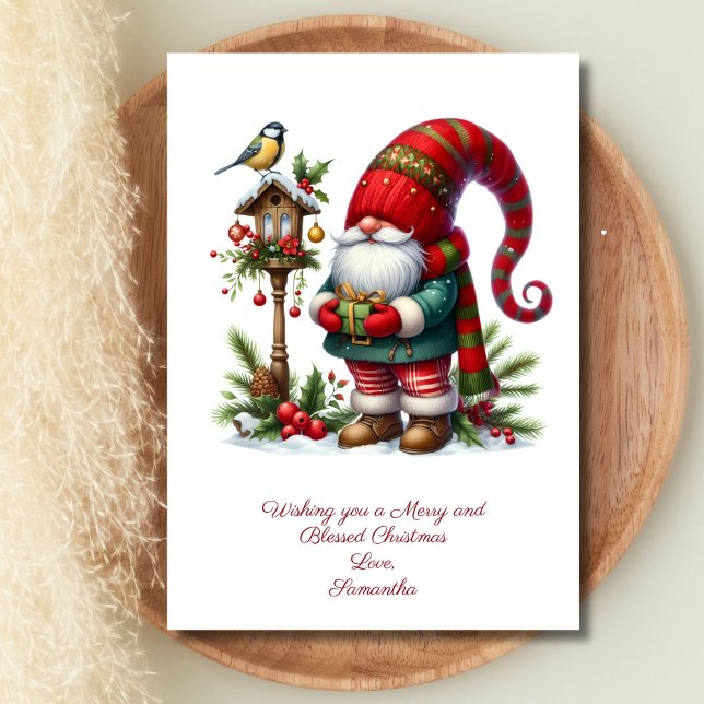 Gnome Santa Claus Winter Christmas Holiday Card (Gnome Santa Clause Winter Bird Christmas Holiday Card. Personalize your message)