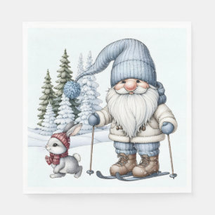 Gnome Skiing With a Bunny In Snowflakes Napkin