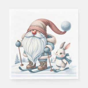 Gnome Skiing With a Bunny In Snowflakes Napkin