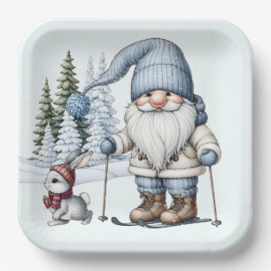 Gnome Skiing With a Bunny In Snowflakes Paper Plate