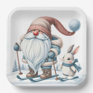 Gnome Skiing With a Bunny In Snowflakes Paper Plate