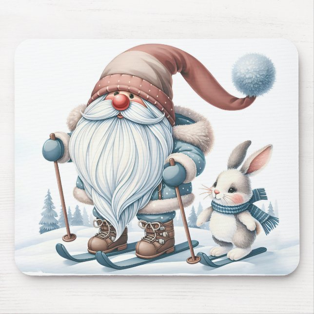 Gnome Skiing With a Bunny Mouse Pad (Front)