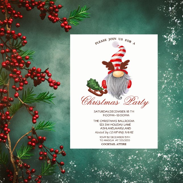 Gnome Sleigh Pine Tree Red  Christmas Party  Invitation (Creator Uploaded)