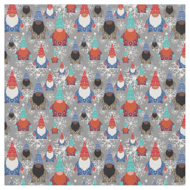 Gnome Snowflake Illustrations Christmas Pattern Fabric (Close Up)