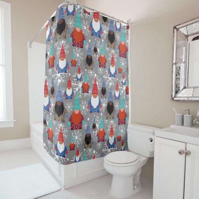 Gnome Snowflake Illustrations Christmas Pattern Shower Curtain (In Situ)