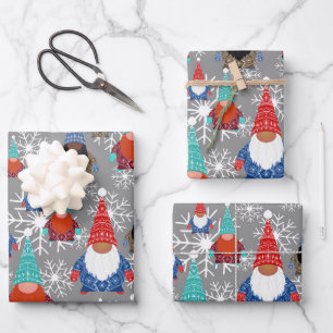 Gnome Snowflake Illustrations Christmas Pattern Wrapping Paper Sheet