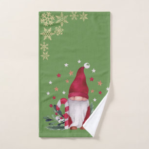 Gnome,Snowflakes,Green Holiday Bath Towel Set
