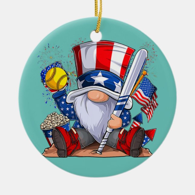Gnome Softball 4th of July Patriotic Gnomes Ceramic Ornament (Front)