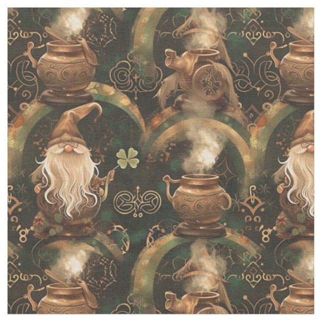 Gnome St. Patrick Pot And Rainbow Pattern Fabric (Close Up)
