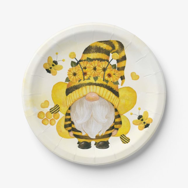 Gnome Sunflower and Bees Baby Shower | Birthday Paper Plate (Front)
