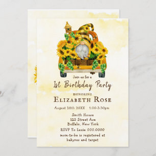 Gnome Sunflower Bees 1St. Birthday Party Invites